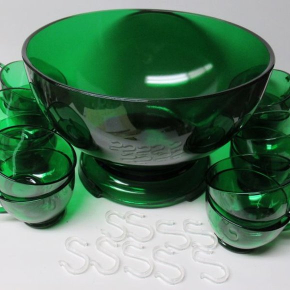 Anchor Hocking Fire King Forest Green 14 Piece Punch Bowl Set, 9 Cup Hooks - Picture 2 of 3
